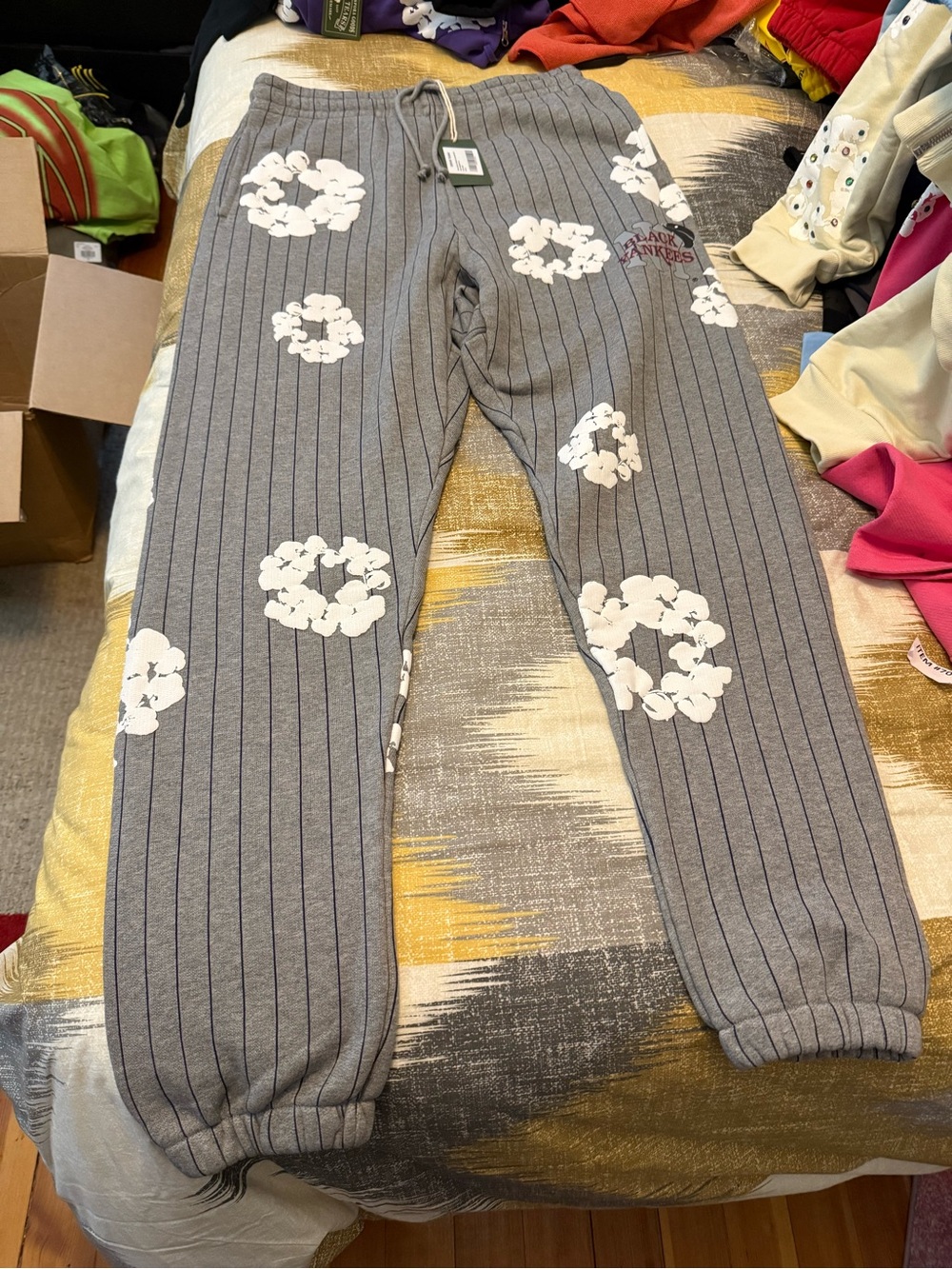 Denim Tears Grey Yankees Pinstripe Kids Sweatpants with White Floral Prints